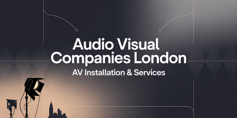 sleek, professional website header design for an audio-visual company based in London. The layout features modern typography with "Audio Visual Companies London" as the main headline in bold sans-serif font, followed by "AV Installation & Services" as a subtitle in a complementary weight. The background showcases a subtle gradient from deep navy to charcoal gray, with geometric patterns reminiscent of sound waves or circuit boards creating visual interest. Professional lighting equipment silhouettes and the iconic London skyline are subtly integrated into the design, emphasizing both the technical expertise and London location of the services.