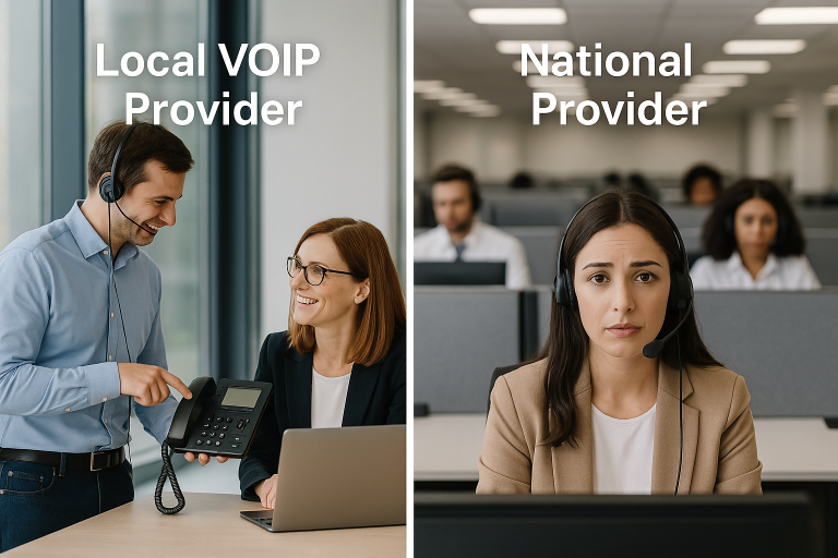 Split-screen showing a friendly local VoIP provider assisting a business client in a London office beside a national call centre agent, highlighting personal service versus impersonal support.