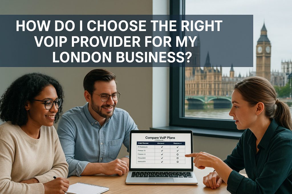 Three London professionals reviewing VoIP provider plans on a laptop in a bright office with Big Ben and the River Thames visible through the window, representing local business telephony choices.