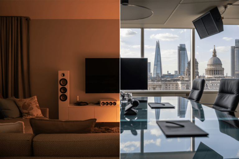 Split-screen image comparing a London home AV setup with a commercial meeting room, showing the difference between domestic entertainment systems and professional business AV installation.
