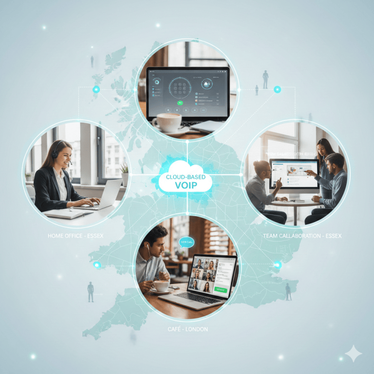 Remote workers in Chelmsford, Brentwood, and Colchester connected through cloud-based VoIP, shown with a digital Essex map and softphone interfaces.
