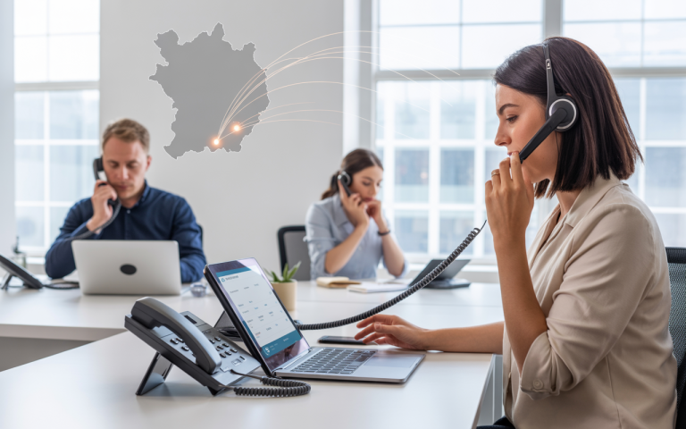 Essex business team using cloud-based VoIP solutions across office and remote locations, showing modern business phone services in Essex.