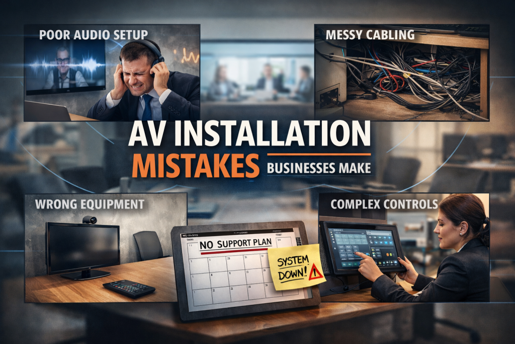 Graphic showing common AV installation mistakes in business meeting rooms, including poor audio setup, messy cabling, wrong equipment, and complex control systems.