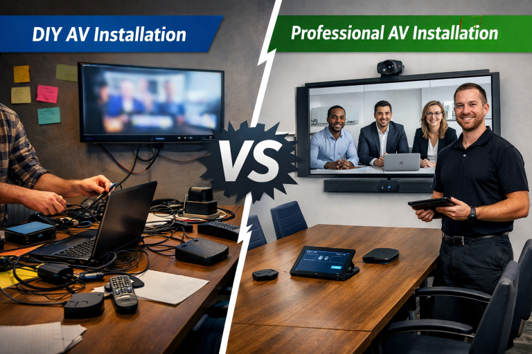 Split-screen comparison of DIY AV installation with messy cabling versus professional AV installation in a modern meeting room, showing the benefits of expert audio visual services.
